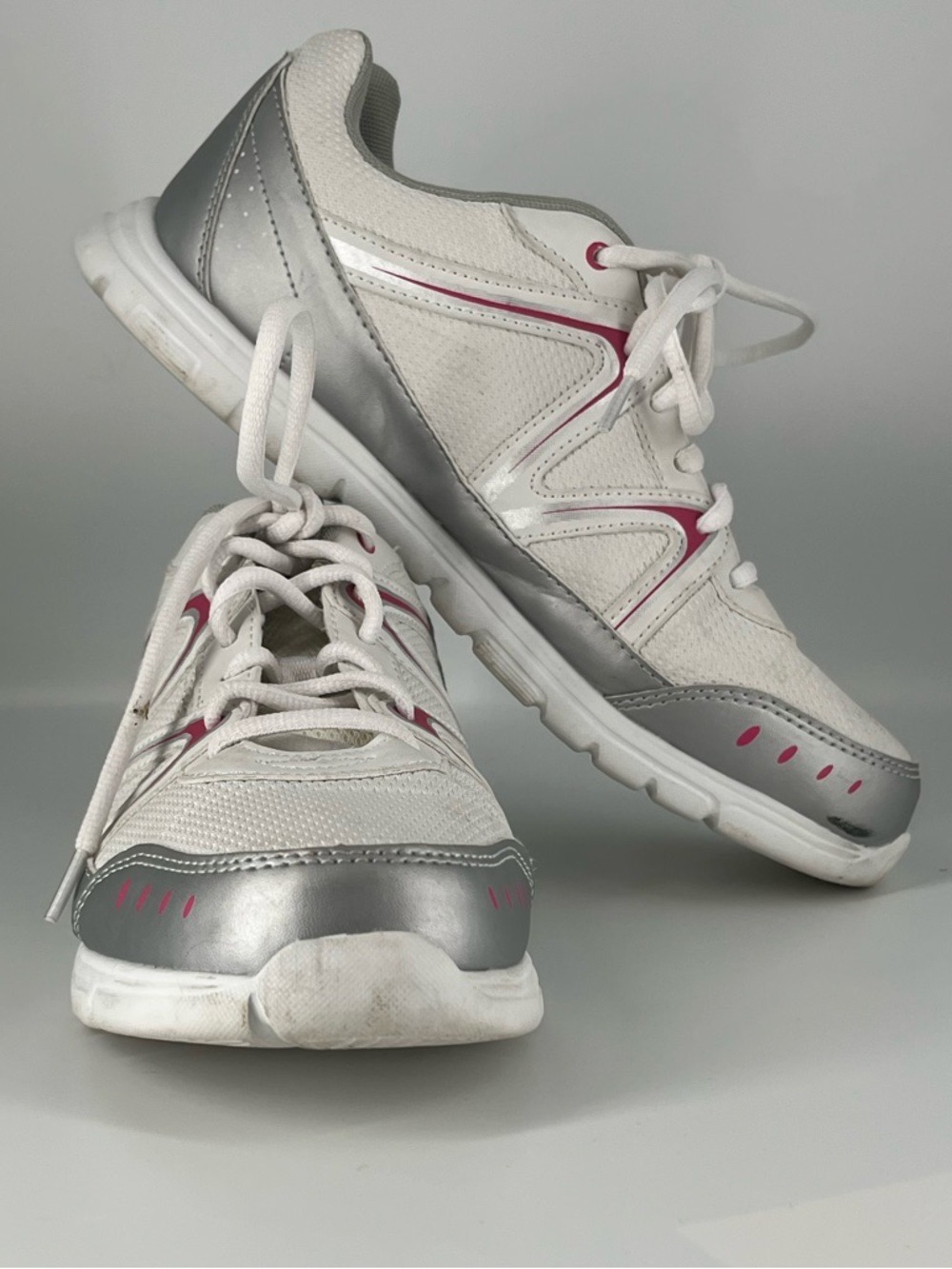 Women's White & Silver Athletic Sneakers with Pink Trim